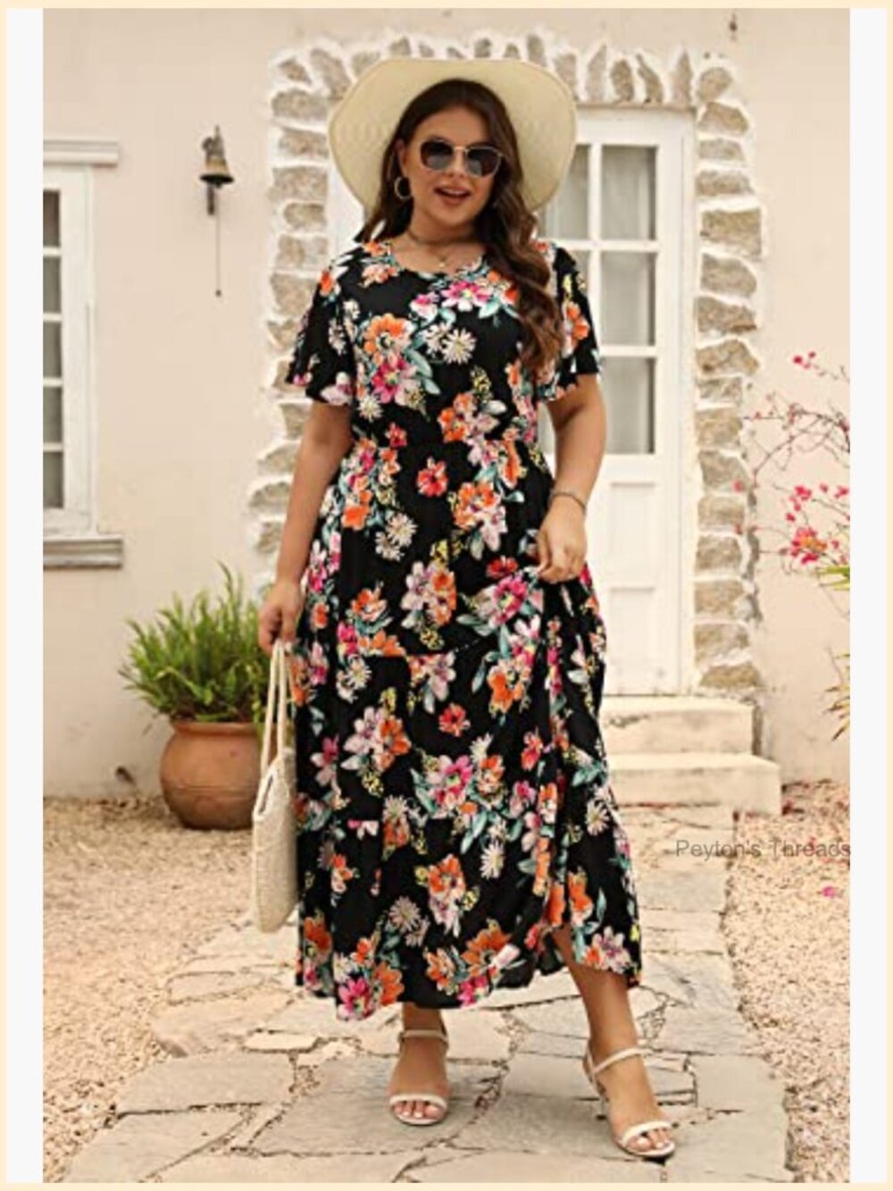 Plus Size Maxi Dress Ditsy Floral Print Boho Layered Flared with Pockets - Picture 3 of 7
